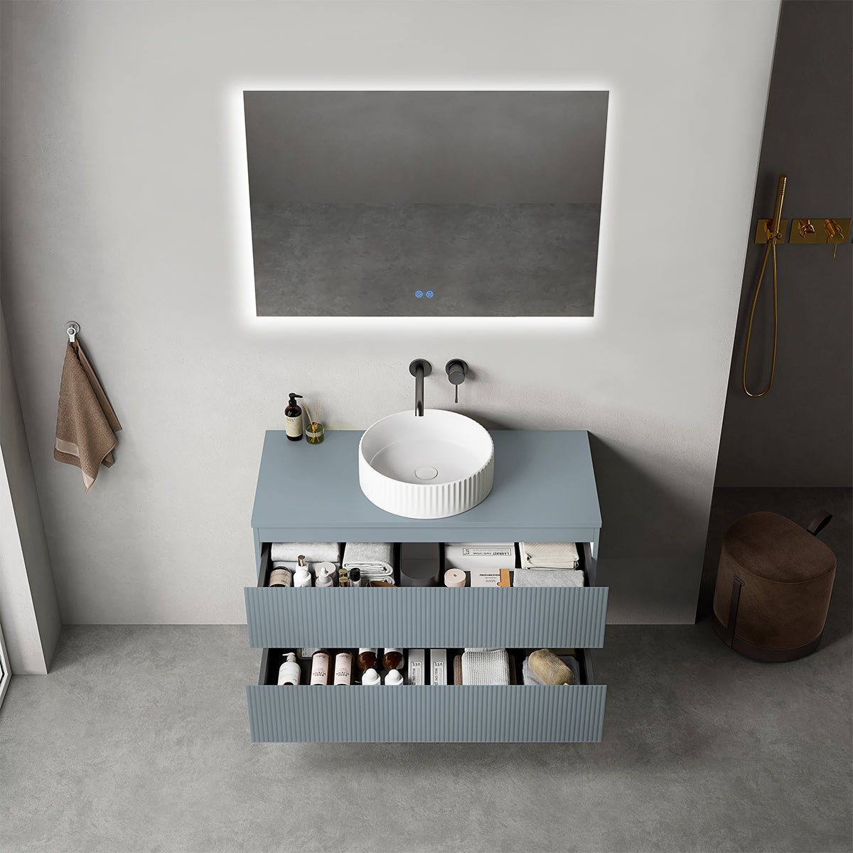 Mobile bagno sospeso cannettato 100 cm Blu Avio per Lavabo d'appoggio Specchio Quadro Retroilluminato - Fiji Paint Top Canneté