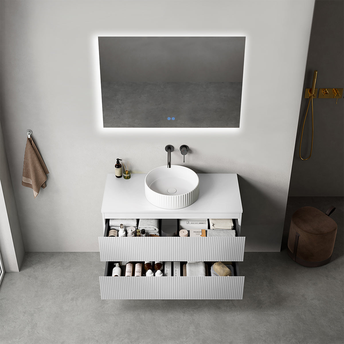 Mobile bagno sospeso cannettato 100 cm Bianco Opaco  per Lavabo d'appoggio Specchio Quadro Retroilluminato - Fiji Paint Top Canneté