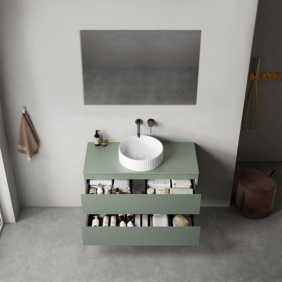 Mobile bagno sospeso cannettato 100 cm Verde Salvia per Lavabo d'appoggio Specchio Quadro - Fiji Paint Top Canneté