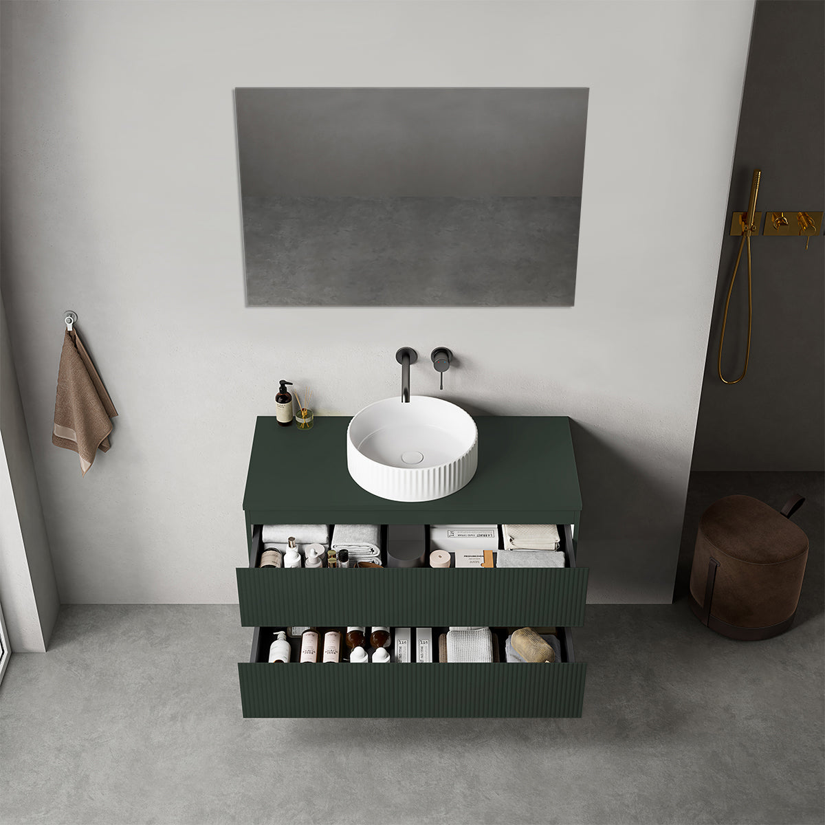 Mobile bagno sospeso cannettato 100 cm Verde Comodoro per Lavabo d'appoggio Specchio Quadro - Fiji Paint Top Canneté