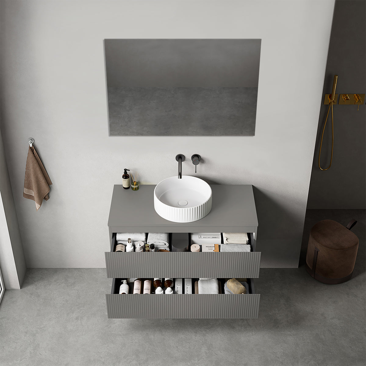 Mobile bagno sospeso cannettato 100 cm Grigio Londra per Lavabo d'appoggio Specchio Quadro - Fiji Paint Top Canneté
