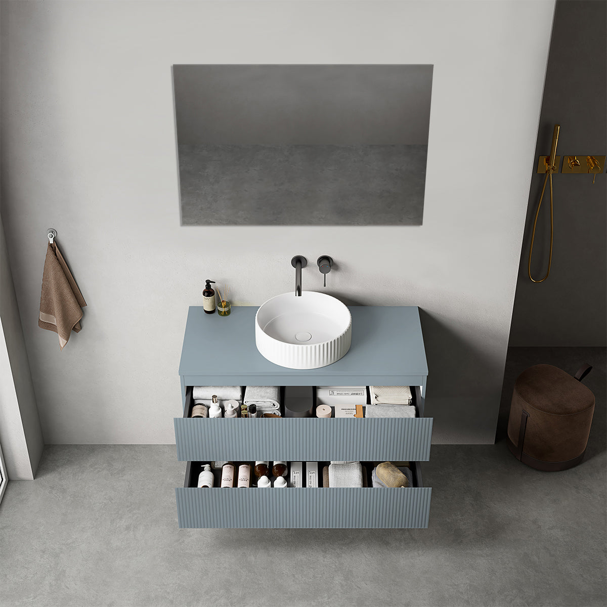 Mobile bagno sospeso cannettato 100 cm Blu Avio per Lavabo d'appoggio Specchio Quadro - Fiji Paint Top Canneté