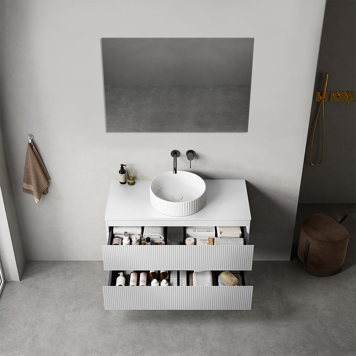 Mobile bagno sospeso cannettato 100 cm Bianco Opaco  per Lavabo d'appoggio Specchio Quadro - Fiji Paint Top Canneté