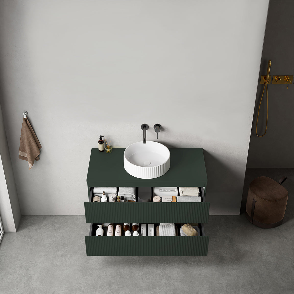 Mobile bagno sospeso cannettato 100 cm Verde Comodoro per Lavabo d'appoggio Senza Specchio - Fiji Paint Top Canneté