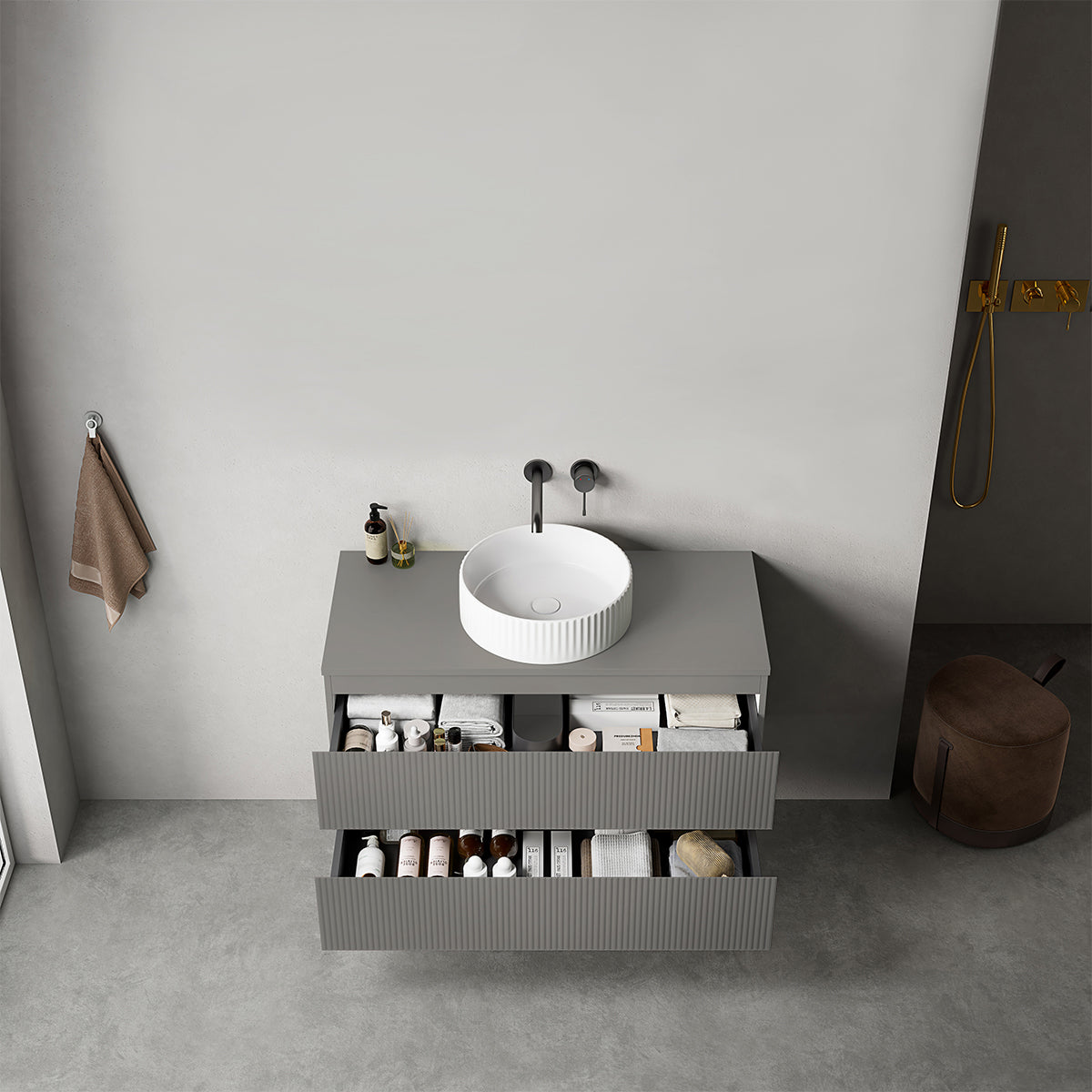 Mobile bagno sospeso cannettato 100 cm Grigio Londra per Lavabo d'appoggio Senza Specchio - Fiji Paint Top Canneté