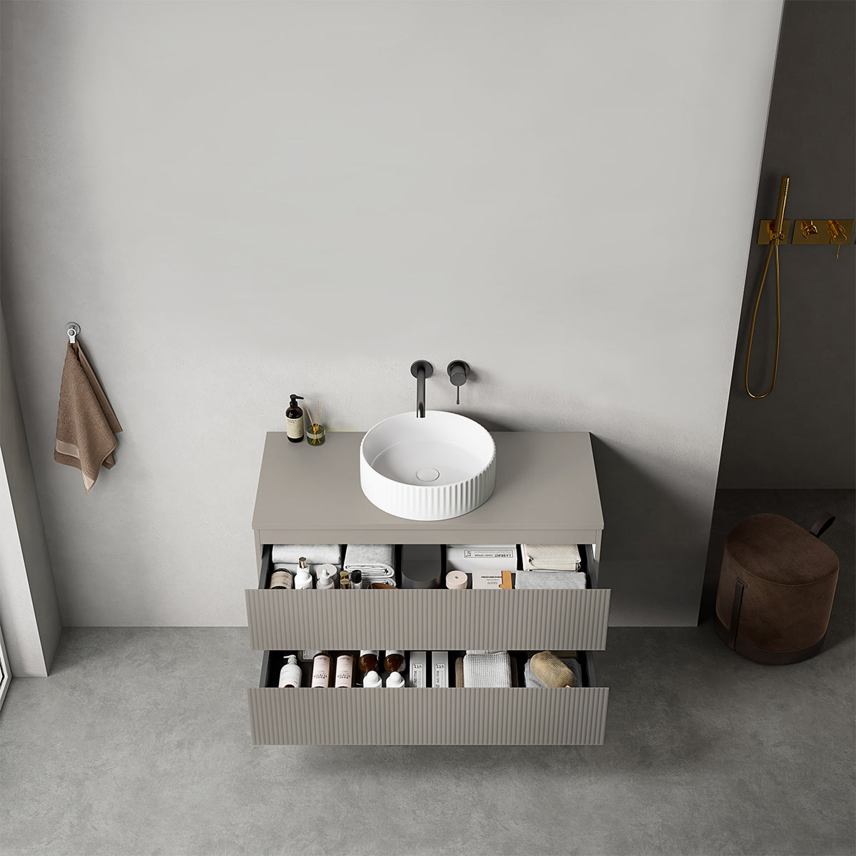 Mobile bagno sospeso cannettato 100 cm Grigio Cenere per Lavabo d'appoggio Senza Specchio - Fiji Paint Top Canneté