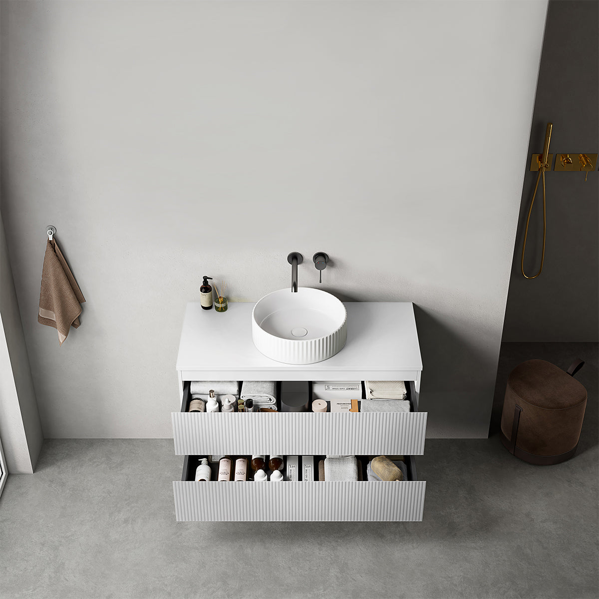 Mobile bagno sospeso cannettato 100 cm Bianco Opaco  per Lavabo d'appoggio Senza Specchio - Fiji Paint Top Canneté