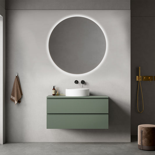 Mobile bagno sospeso cannettato 100 cm Verde Salvia per Lavabo d'appoggio Specchio Tondo Retroilluminato - Fiji Paint Top Canneté