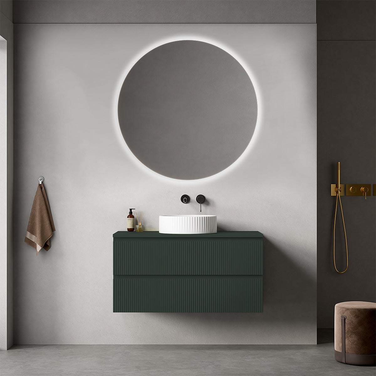 Mobile bagno sospeso cannettato 100 cm Verde Comodoro per Lavabo d'appoggio Specchio Tondo Retroilluminato - Fiji Paint Top Canneté