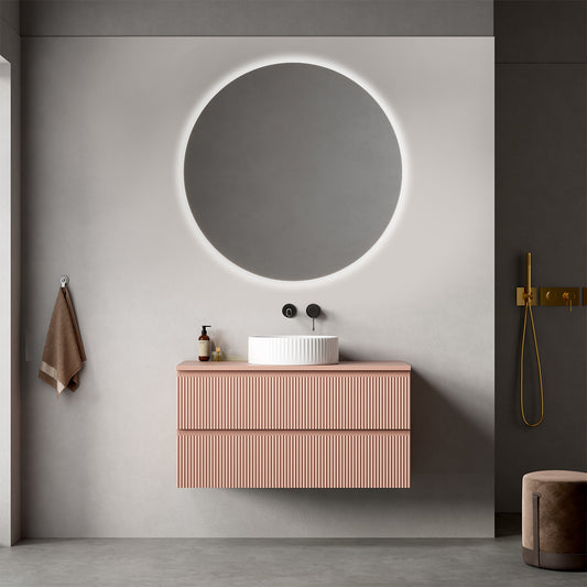 Mobile bagno sospeso cannettato 100 cm Rosa Retrò per Lavabo d'appoggio Specchio Tondo Retroilluminato - Fiji Paint Top Canneté