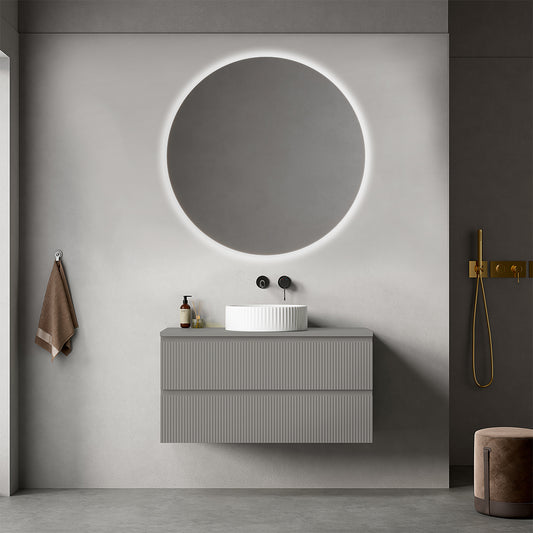 Mobile bagno sospeso cannettato 100 cm Grigio Londra per Lavabo d'appoggio Specchio Tondo Retroilluminato - Fiji Paint Top Canneté