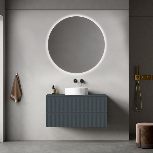 Mobile bagno sospeso cannettato 100 cm Blu Mare per Lavabo d'appoggio Specchio Tondo Retroilluminato - Fiji Paint Top Canneté