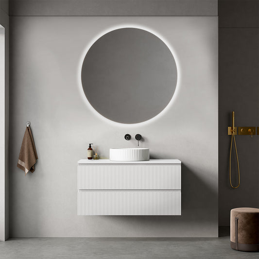 Mobile bagno sospeso cannettato 100 cm Bianco Opaco  per Lavabo d'appoggio Specchio Tondo Retroilluminato - Fiji Paint Top Canneté