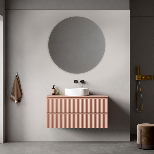 Mobile bagno sospeso cannettato 100 cm Rosa Retrò per Lavabo d'appoggio Specchio Tondo - Fiji Paint Top Canneté