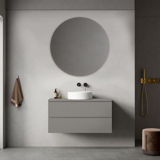 Mobile bagno sospeso cannettato 100 cm Grigio Londra per Lavabo d'appoggio Specchio Tondo - Fiji Paint Top Canneté
