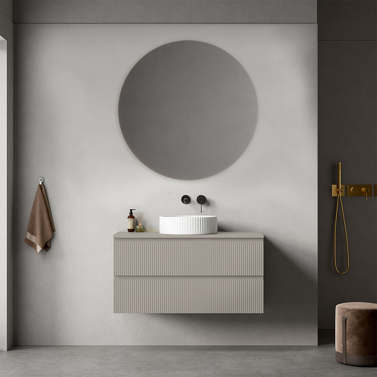Mobile bagno sospeso cannettato 100 cm Grigio Cenere per Lavabo d'appoggio Specchio Tondo - Fiji Paint Top Canneté