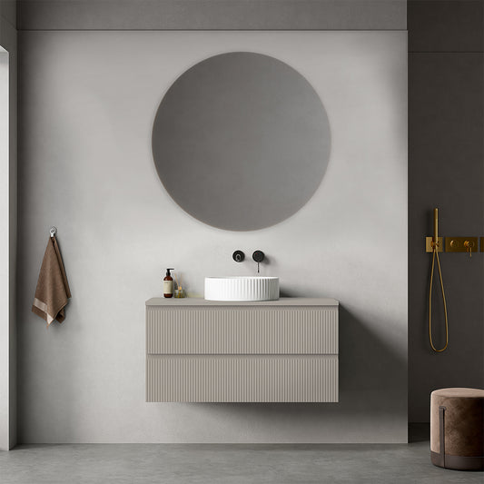 Mobile bagno sospeso cannettato 100 cm Grigio Cenere per Lavabo d'appoggio Specchio Tondo - Fiji Paint Top Canneté