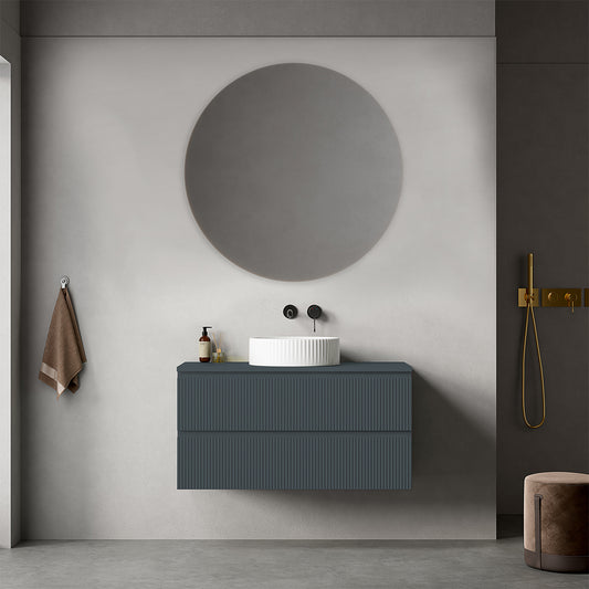 Mobile bagno sospeso cannettato 100 cm Blu Mare per Lavabo d'appoggio Specchio Tondo - Fiji Paint Top Canneté