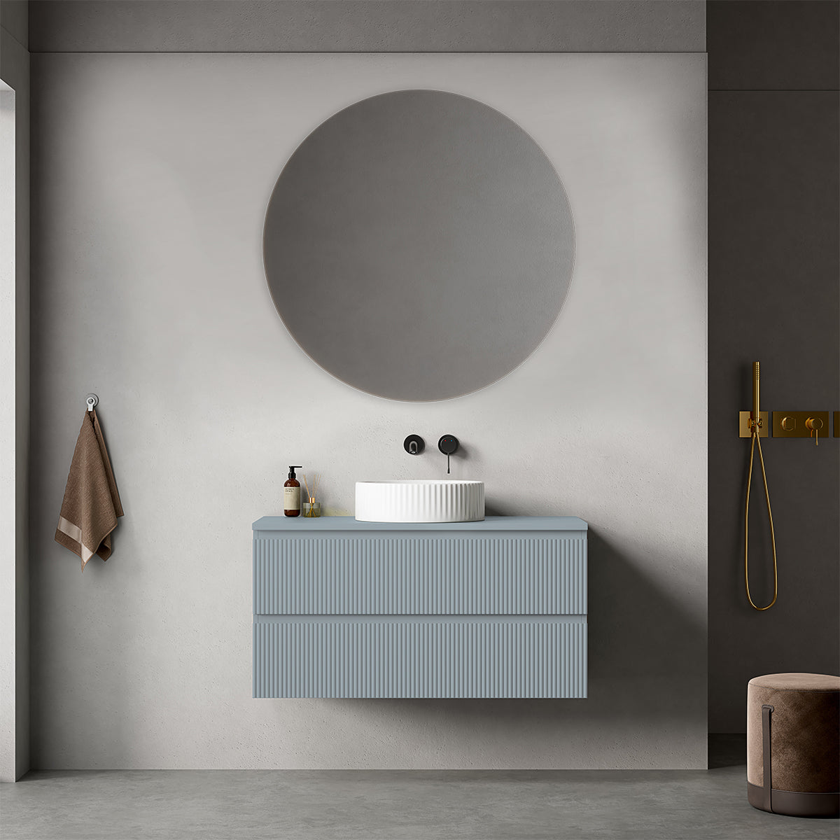 Mobile bagno sospeso cannettato 100 cm Blu Avio per Lavabo d'appoggio Specchio Tondo - Fiji Paint Top Canneté