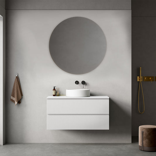 Mobile bagno sospeso cannettato 100 cm Bianco Opaco  per Lavabo d'appoggio Specchio Tondo - Fiji Paint Top Canneté