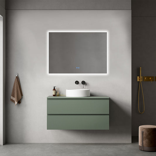 Mobile bagno sospeso cannettato 100 cm Verde Salvia per Lavabo d'appoggio Specchio Quadro Retroilluminato - Fiji Paint Top Canneté