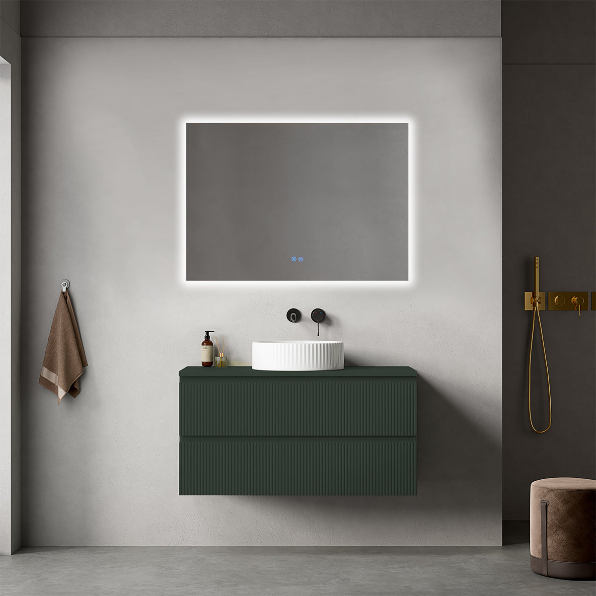 Mobile bagno sospeso cannettato 100 cm Verde Comodoro per Lavabo d'appoggio Specchio Quadro Retroilluminato - Fiji Paint Top Canneté