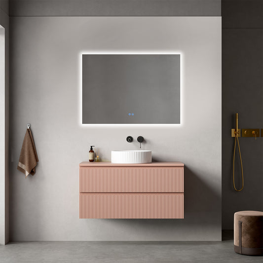 Mobile bagno sospeso cannettato 100 cm Rosa Retrò per Lavabo d'appoggio Specchio Quadro Retroilluminato - Fiji Paint Top Canneté