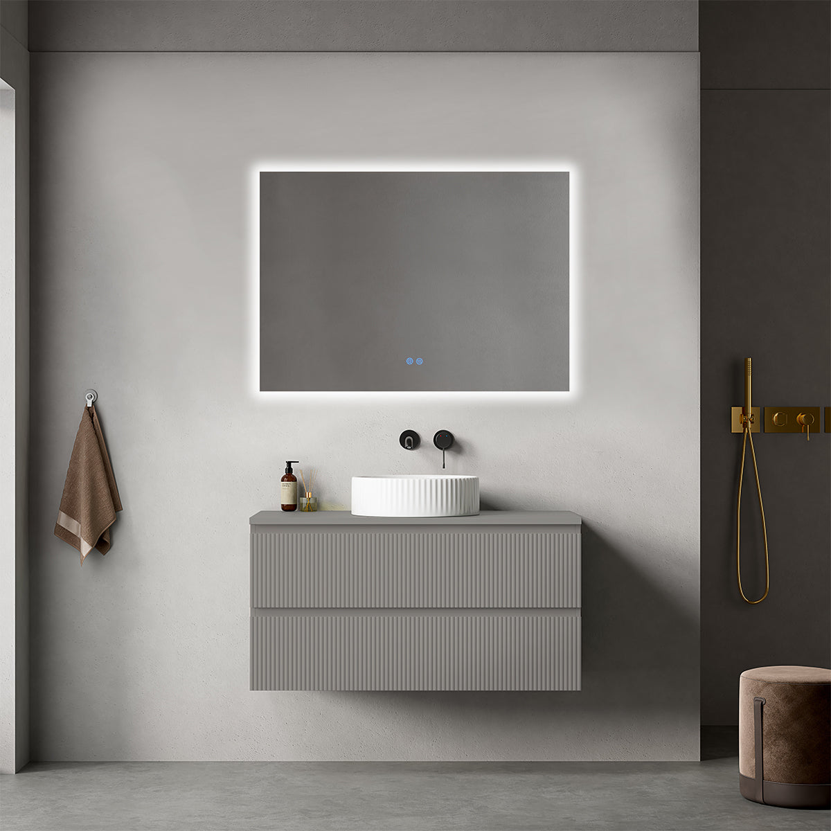 Mobile bagno sospeso cannettato 100 cm Grigio Londra per Lavabo d'appoggio Specchio Quadro Retroilluminato - Fiji Paint Top Canneté