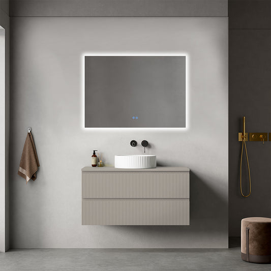 Mobile bagno sospeso cannettato 100 cm Grigio Cenere per Lavabo d'appoggio Specchio Quadro Retroilluminato - Fiji Paint Top Canneté