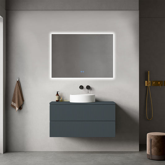 Mobile bagno sospeso cannettato 100 cm Blu Mare per Lavabo d'appoggio Specchio Quadro Retroilluminato - Fiji Paint Top Canneté