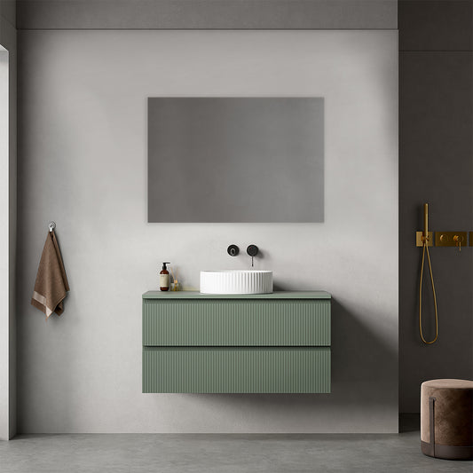 Mobile bagno sospeso cannettato 100 cm Verde Salvia per Lavabo d'appoggio Specchio Quadro - Fiji Paint Top Canneté