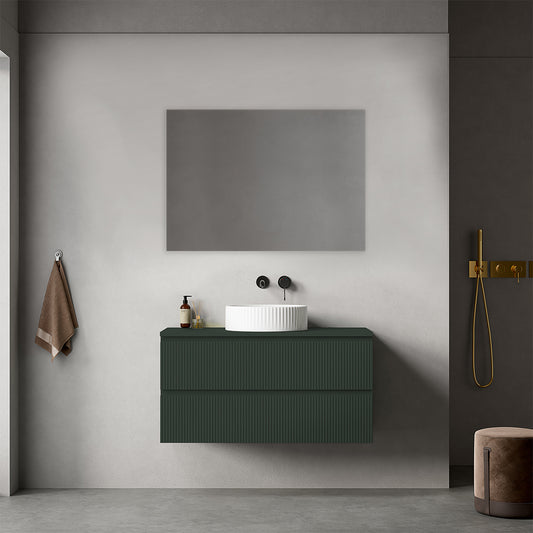 Mobile bagno sospeso cannettato 100 cm Verde Comodoro per Lavabo d'appoggio Specchio Quadro - Fiji Paint Top Canneté
