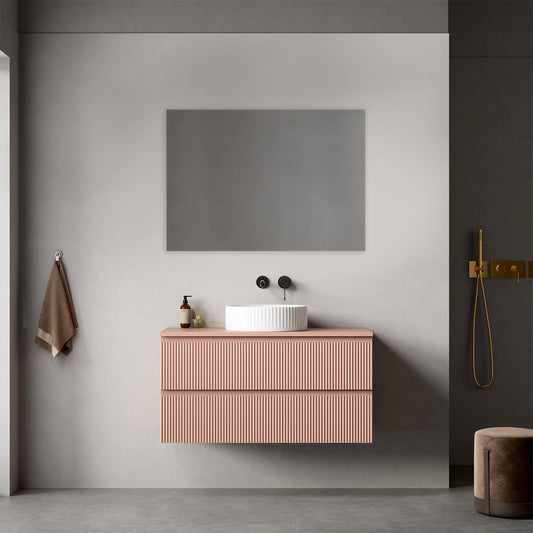Mobile bagno sospeso cannettato 100 cm Rosa Retrò per Lavabo d'appoggio Specchio Quadro - Fiji Paint Top Canneté