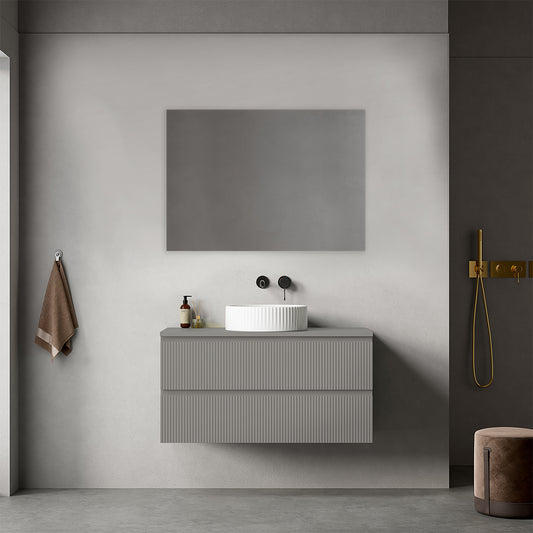 Mobile bagno sospeso cannettato 100 cm Grigio Londra per Lavabo d'appoggio Specchio Quadro - Fiji Paint Top Canneté