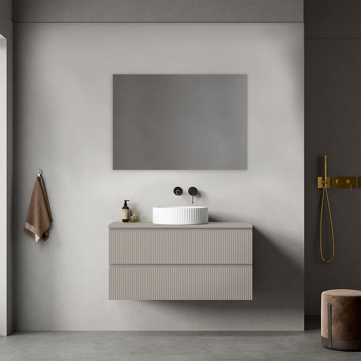 Mobile bagno sospeso cannettato 100 cm Grigio Cenere per Lavabo d'appoggio Specchio Quadro - Fiji Paint Top Canneté
