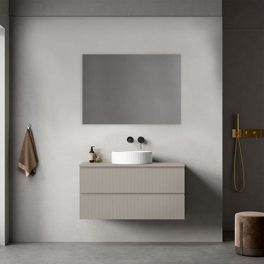 Mobile bagno sospeso cannettato 100 cm Grigio Cenere per Lavabo d'appoggio Specchio Quadro - Fiji Paint Top Canneté
