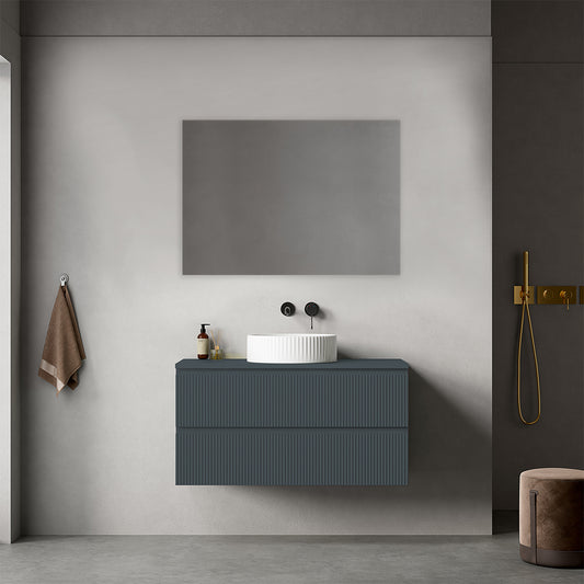 Mobile bagno sospeso cannettato 100 cm Blu Mare per Lavabo d'appoggio Specchio Quadro - Fiji Paint Top Canneté