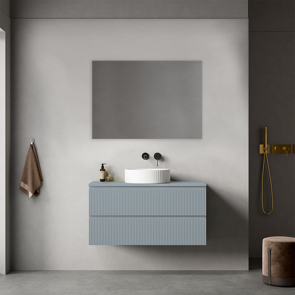 Mobile bagno sospeso cannettato 100 cm Blu Avio per Lavabo d'appoggio Specchio Quadro - Fiji Paint Top Canneté