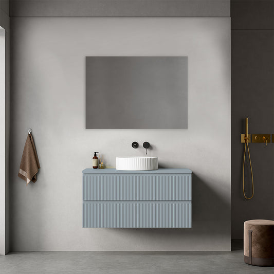 Mobile bagno sospeso cannettato 100 cm Blu Avio per Lavabo d'appoggio Specchio Quadro - Fiji Paint Top Canneté