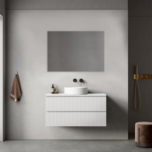 Mobile bagno sospeso cannettato 100 cm Bianco Opaco  per Lavabo d'appoggio Specchio Quadro - Fiji Paint Top Canneté