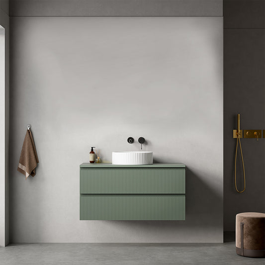 Mobile bagno sospeso cannettato 100 cm Verde Salvia per Lavabo d'appoggio Senza Specchio - Fiji Paint Top Canneté