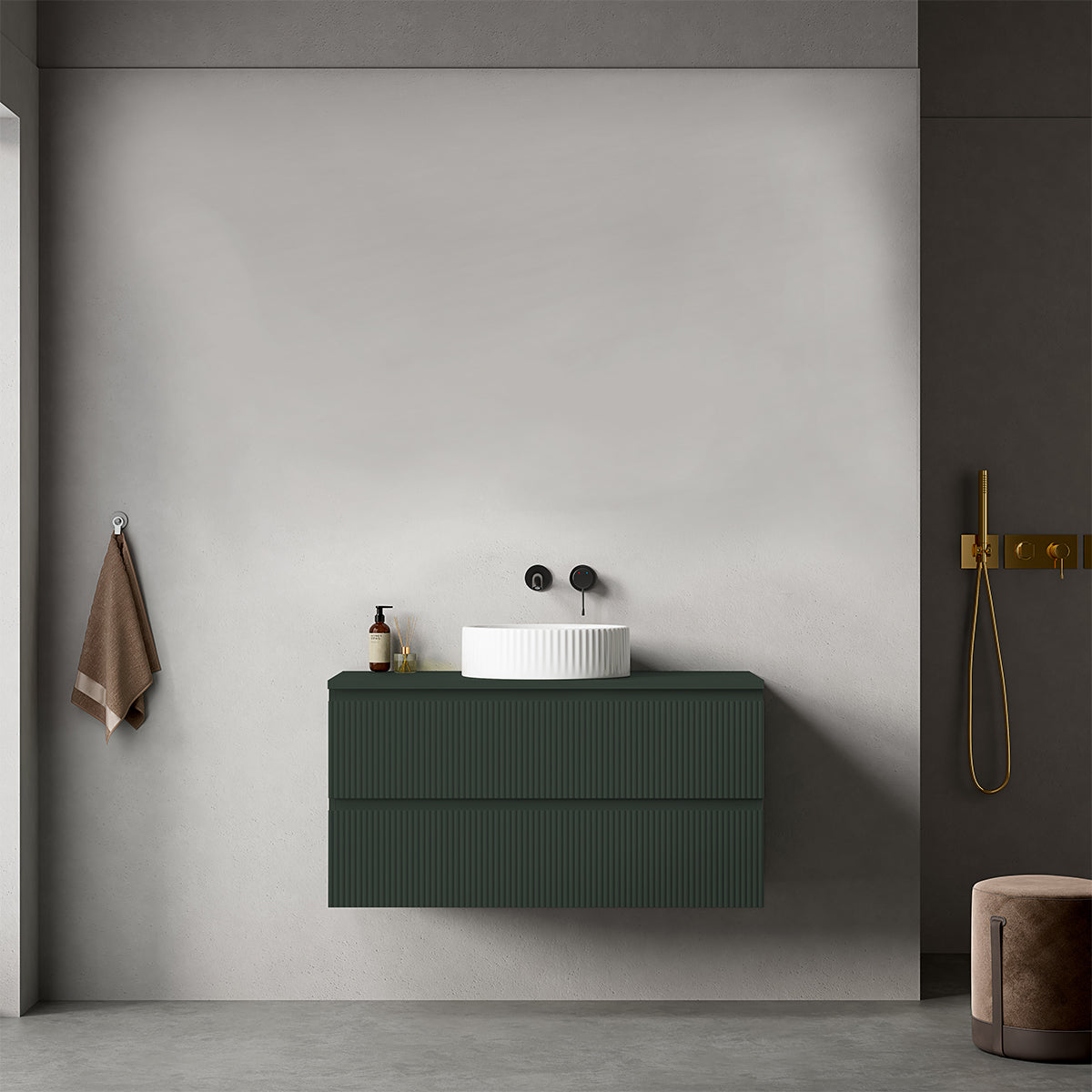 Mobile bagno sospeso cannettato 100 cm Verde Comodoro per Lavabo d'appoggio Senza Specchio - Fiji Paint Top Canneté