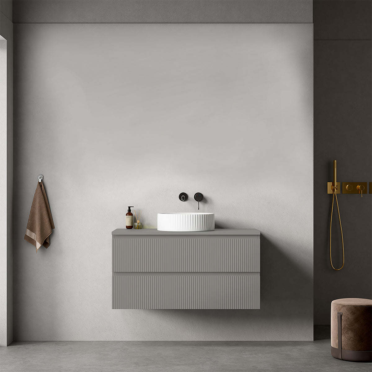 Mobile bagno sospeso cannettato 100 cm Grigio Londra per Lavabo d'appoggio Senza Specchio - Fiji Paint Top Canneté