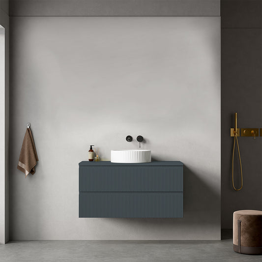 Mobile bagno sospeso cannettato 100 cm Blu Mare per Lavabo d'appoggio Senza Specchio - Fiji Paint Top Canneté