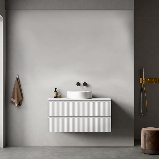Mobile bagno sospeso cannettato 100 cm Bianco Opaco  per Lavabo d'appoggio Senza Specchio - Fiji Paint Top Canneté
