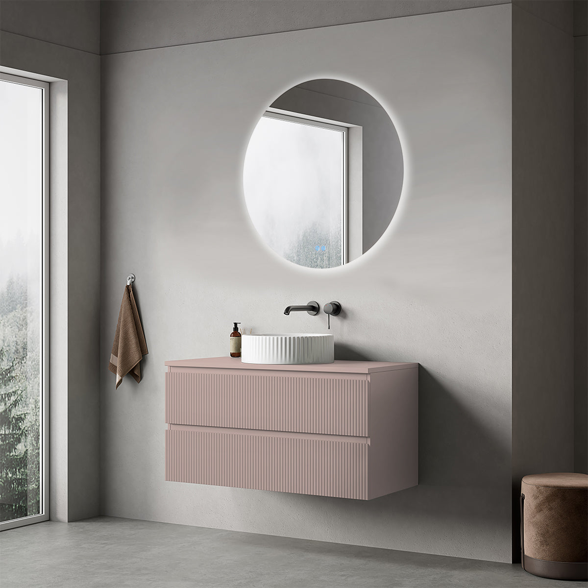 Mobile bagno sospeso cannettato 100 cm Rosa Retrò per Lavabo d'appoggio Specchio Tondo Retroilluminato - Fiji Paint Top Canneté