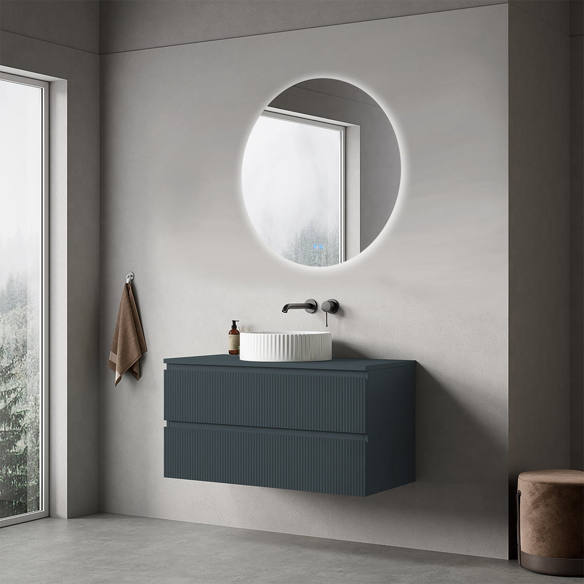 Mobile bagno sospeso cannettato 100 cm Blu Mare per Lavabo d'appoggio Specchio Tondo Retroilluminato - Fiji Paint Top Canneté