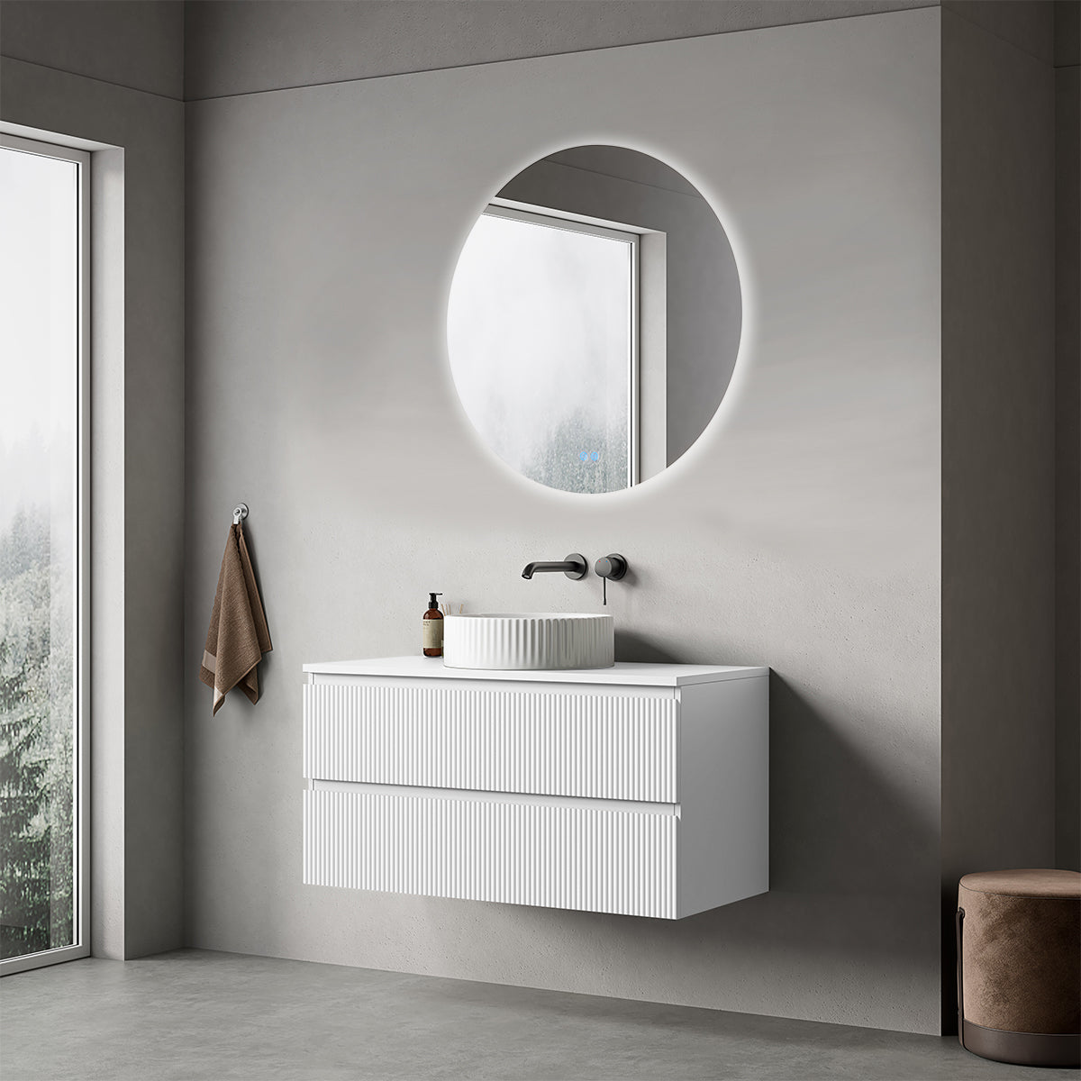 Mobile bagno sospeso cannettato 100 cm Bianco Opaco  per Lavabo d'appoggio Specchio Tondo Retroilluminato - Fiji Paint Top Canneté