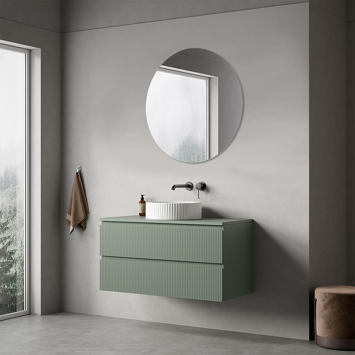 Mobile bagno sospeso cannettato 100 cm Verde Salvia per Lavabo d'appoggio Specchio Tondo - Fiji Paint Top Canneté