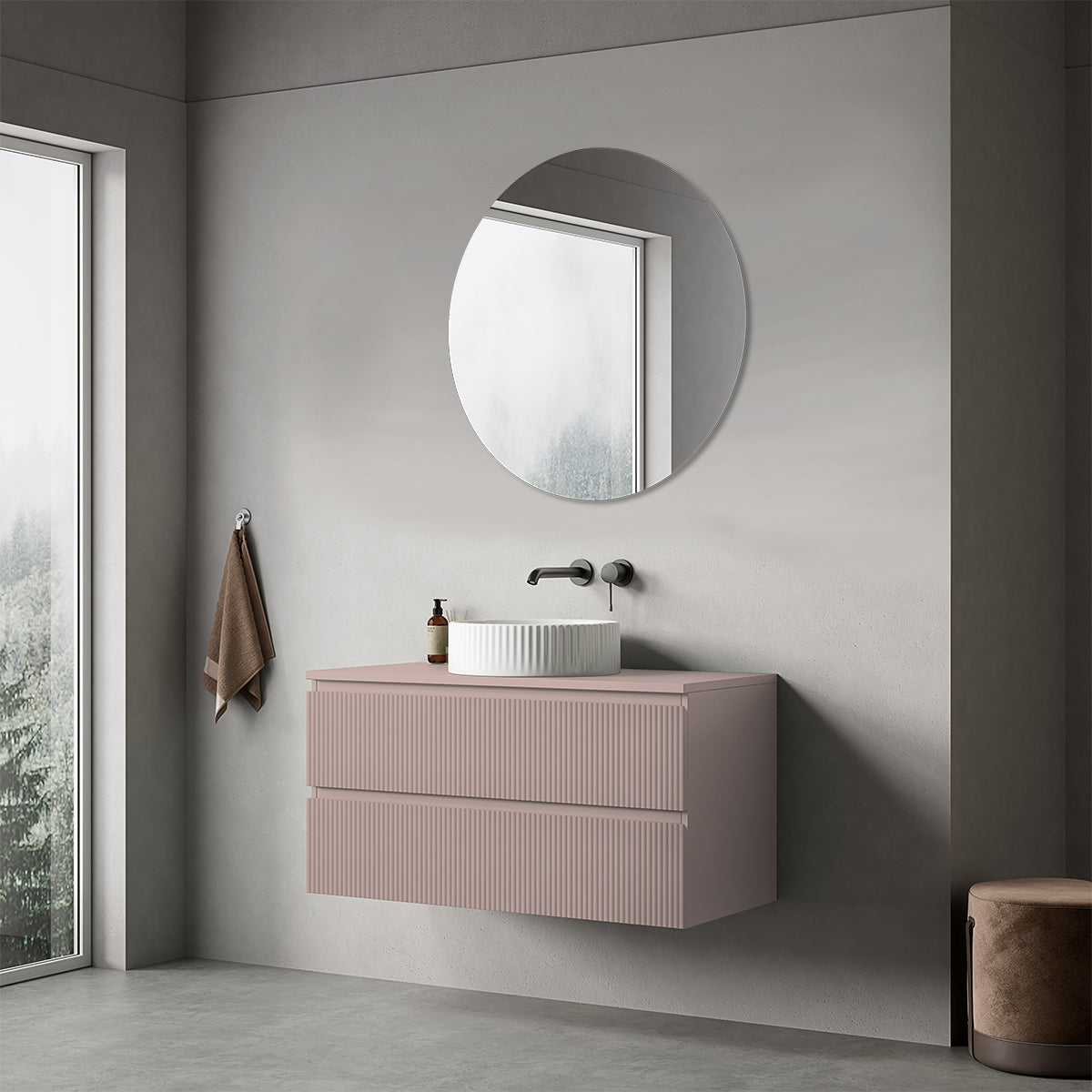 Mobile bagno sospeso cannettato 100 cm Rosa Retrò per Lavabo d'appoggio Specchio Tondo - Fiji Paint Top Canneté